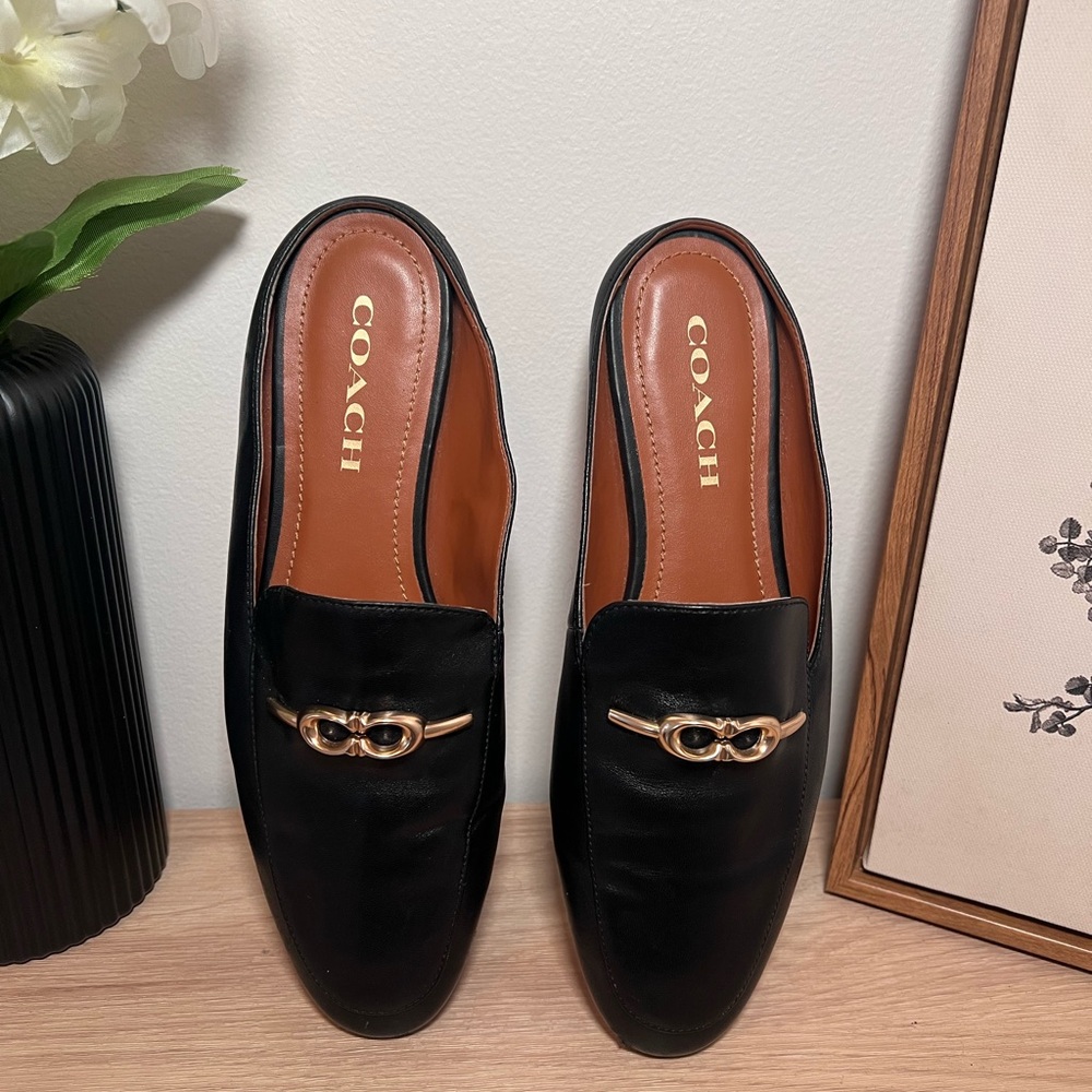Coach Sienna Loafers Black Leather Slip-On Shoes with Gold Detail